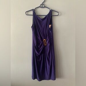 Anne Klein Deep Purple Draped Midi Dress with Gold Buckle